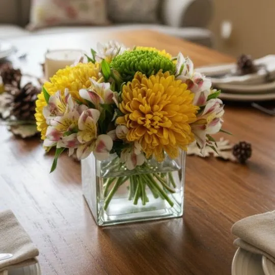 Centro de mesa con flores crisantemos y astromelias